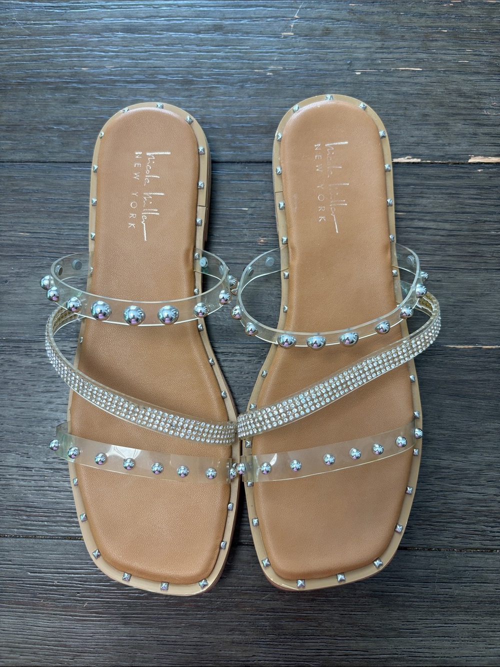 Nicole Miller Tan Slide Sandals with Clear Rhinestone & Stud Straps